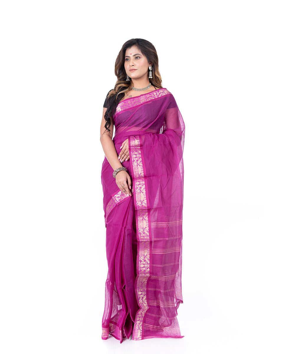 Purple pink handwoven tangail cotton saree