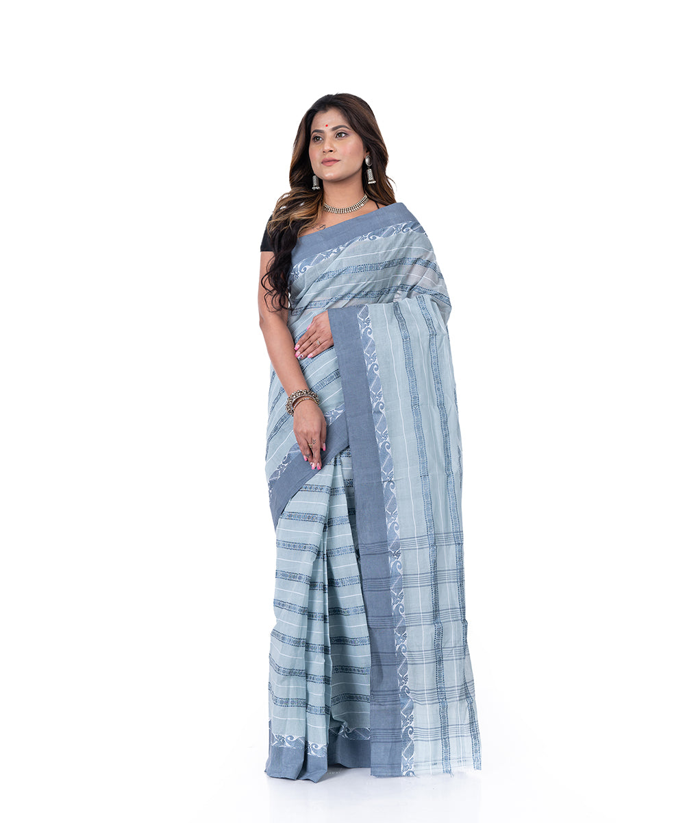 Grey handwoven shantipuri cotton saree