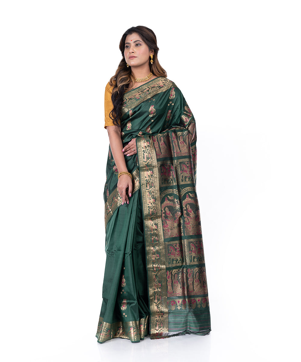 Dark green handwoven baluchari silk saree