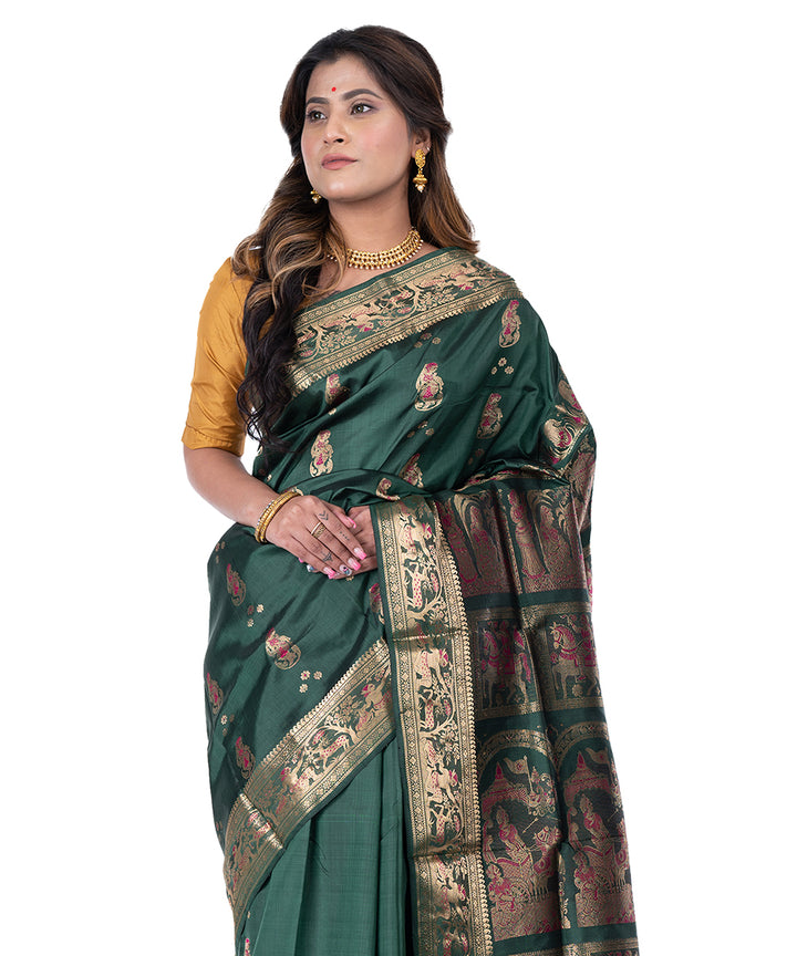 Dark green handwoven baluchari silk saree