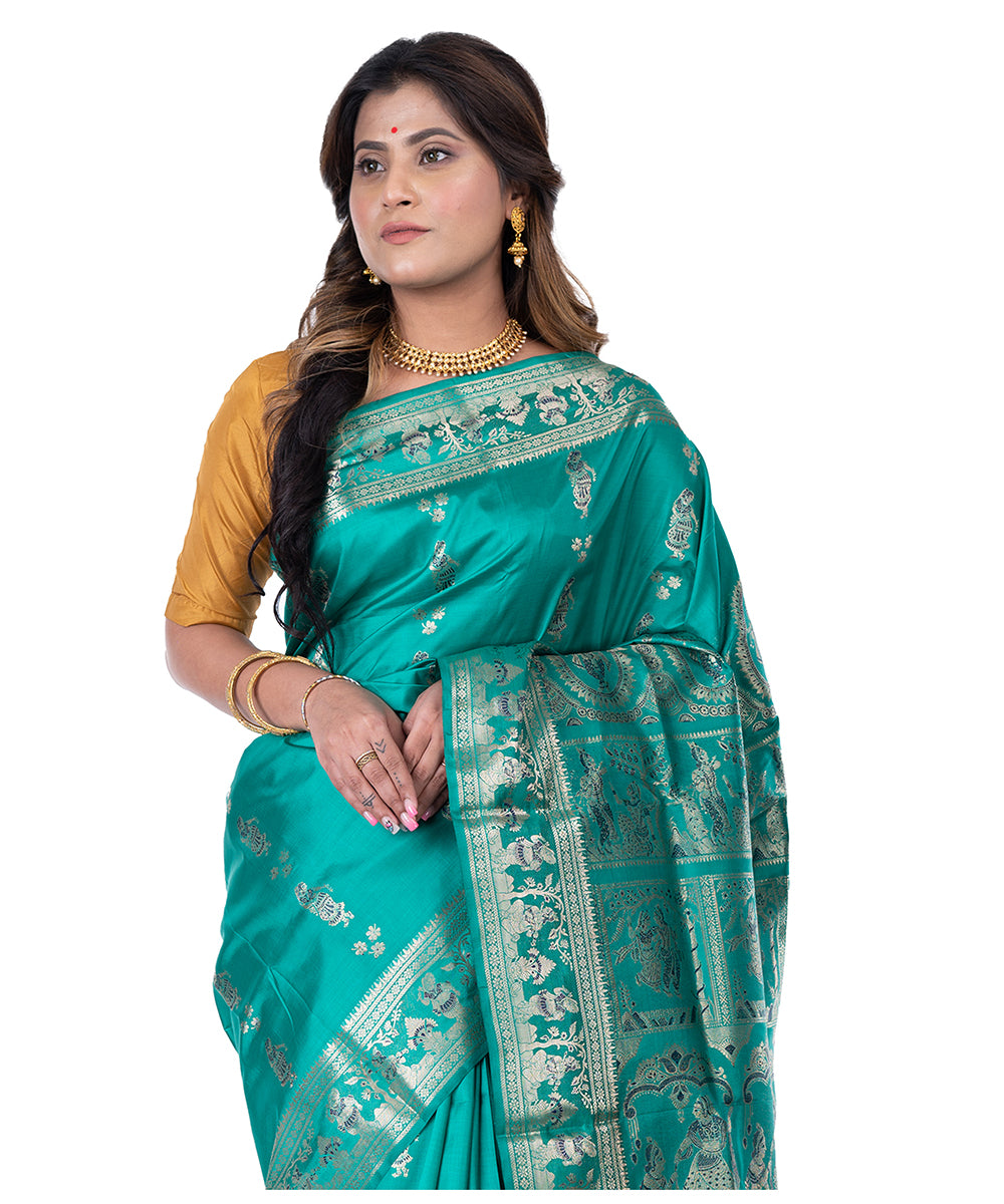 Cyan blue handloom baluchari silk saree