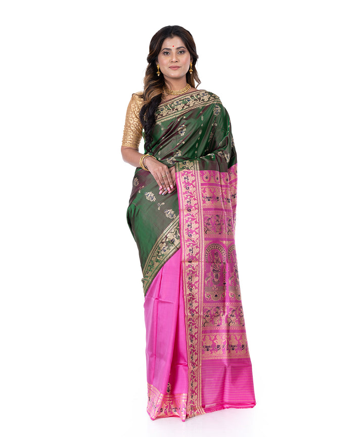 Dark green pink handwoven baluchari silk saree