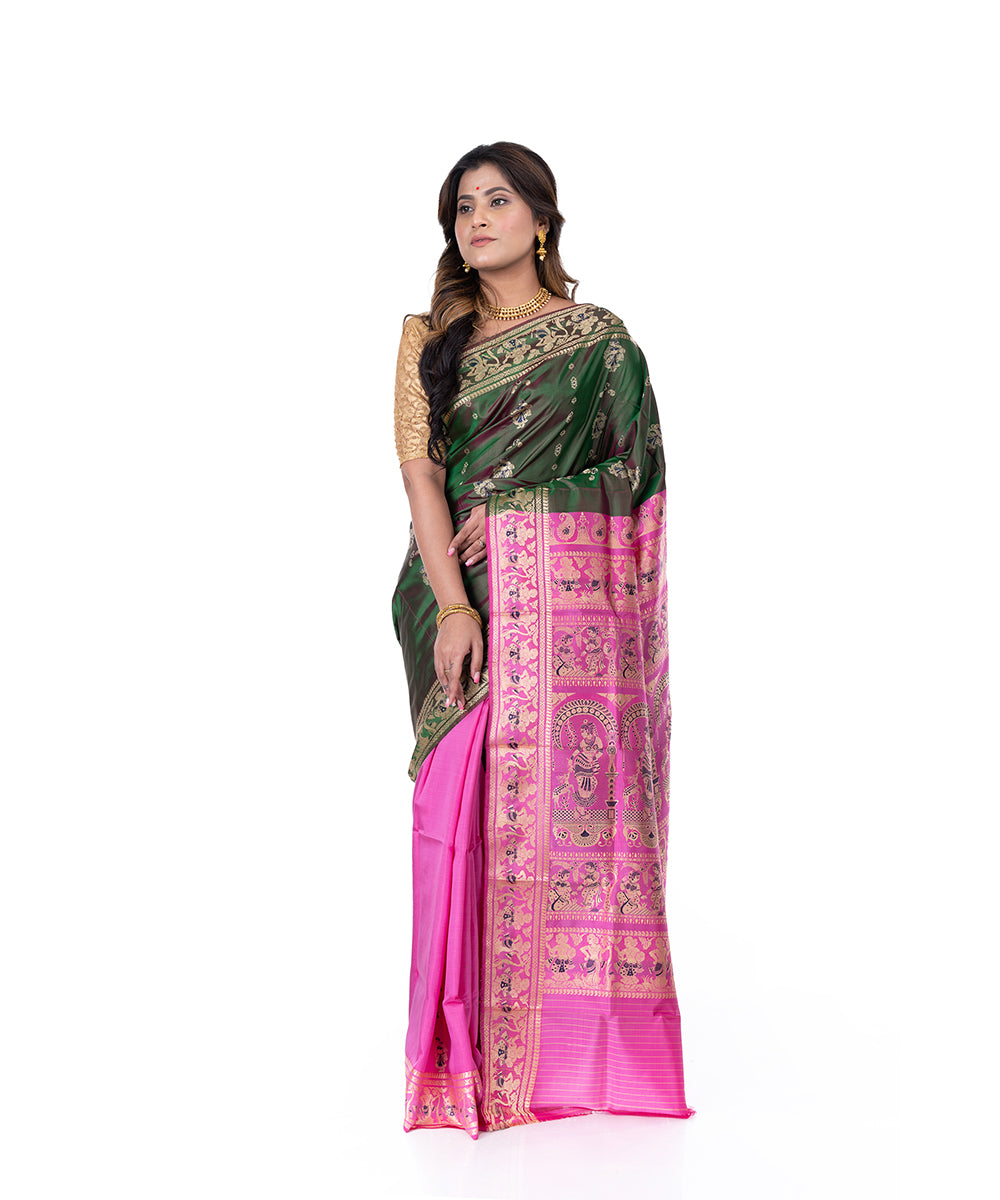 Dark green pink handwoven baluchari silk saree