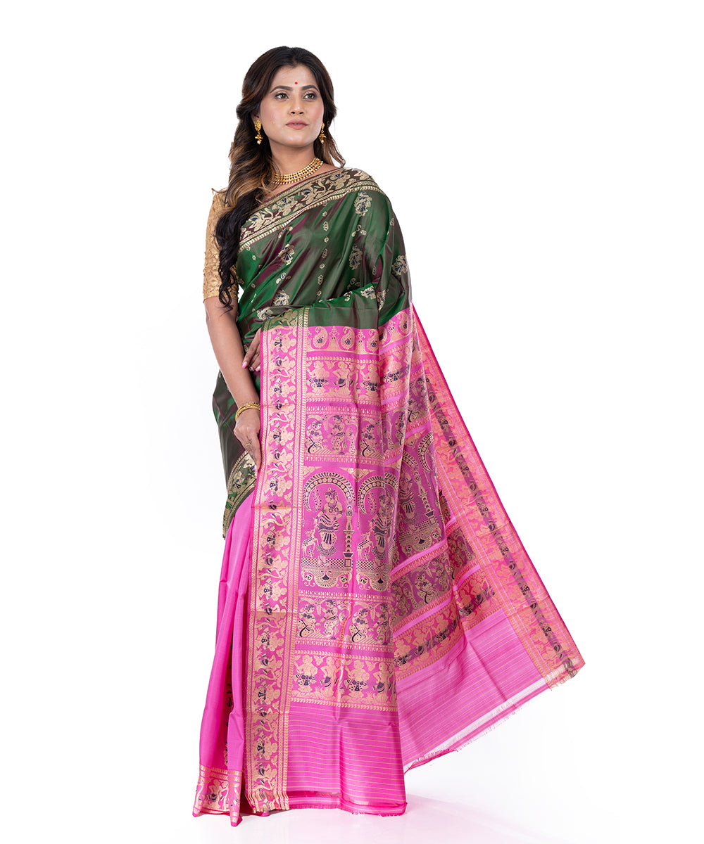 Dark green pink handwoven baluchari silk saree