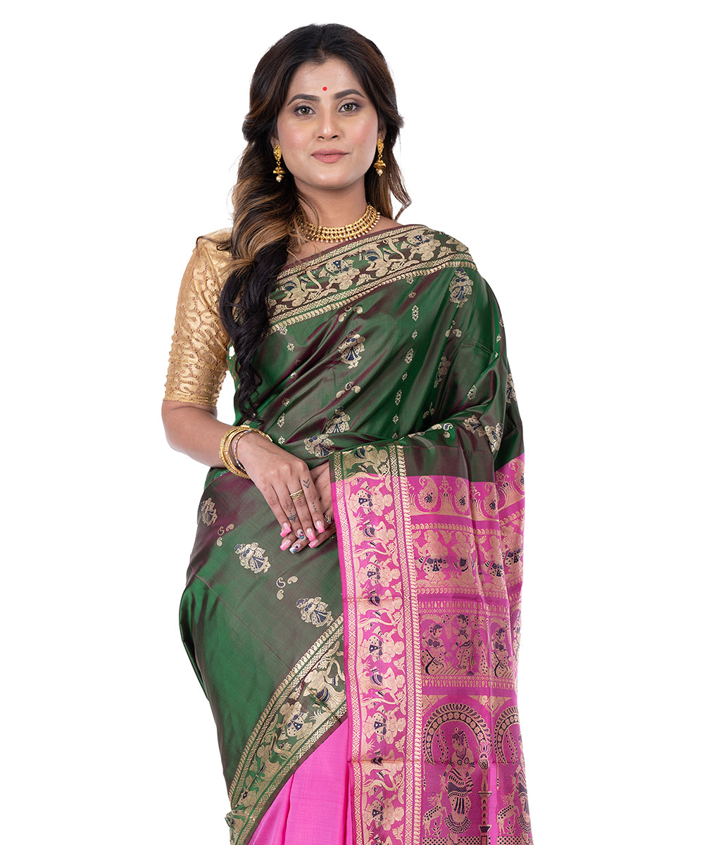 Dark green pink handwoven baluchari silk saree