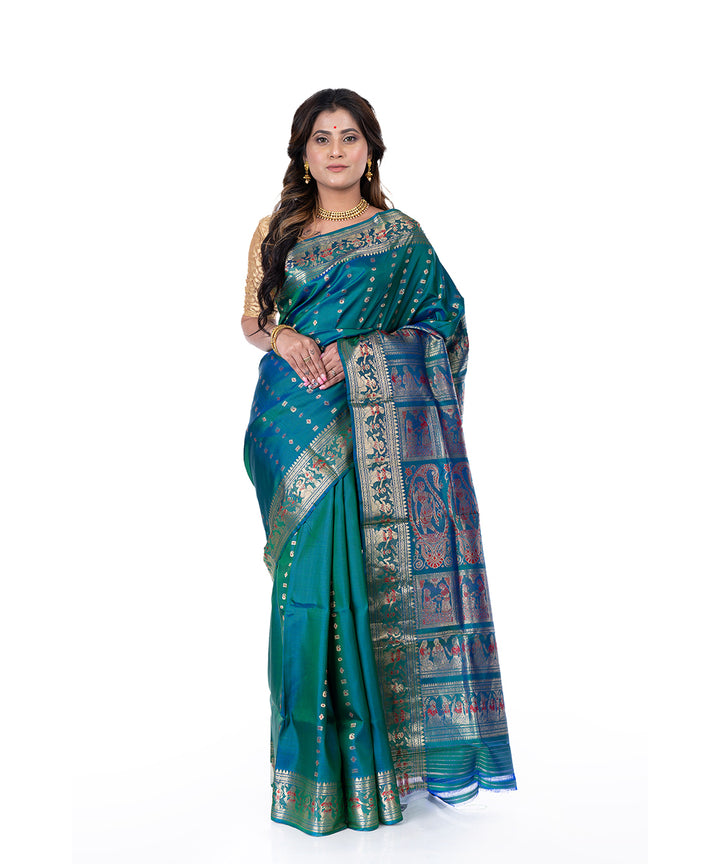 Dark cyan blue handwoven baluchari silk saree