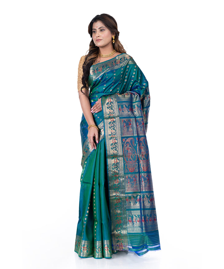 Dark cyan blue handwoven baluchari silk saree