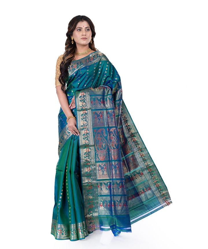 Dark cyan blue handwoven baluchari silk saree