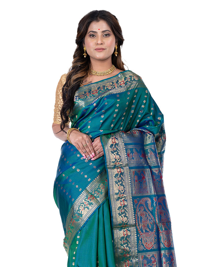 Dark cyan blue handwoven baluchari silk saree