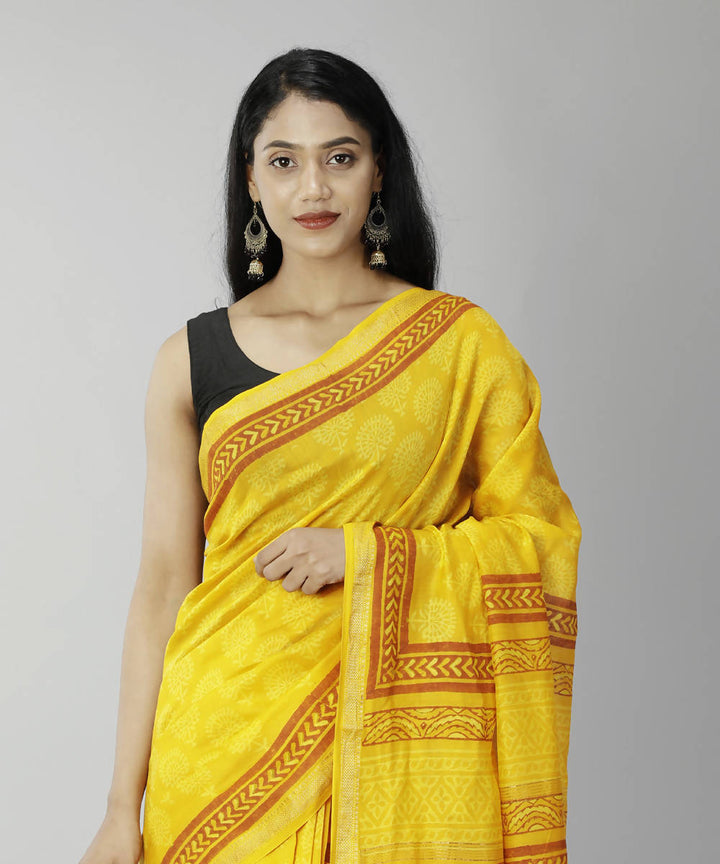 Sun yellow bagru handblock printed cotton silk saree