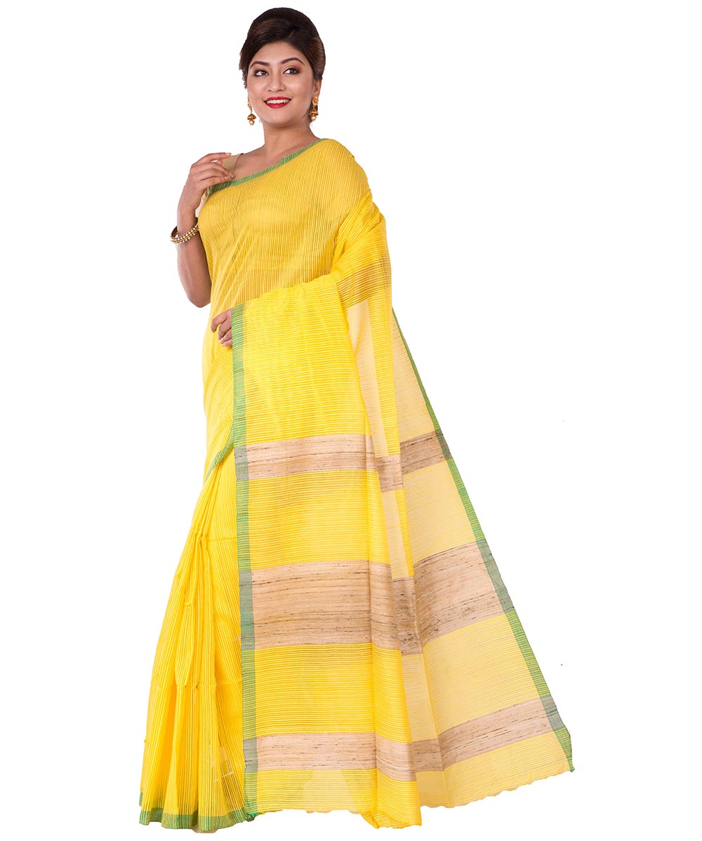 Handwoven Beautiful Yellow Bengal Linen Saree