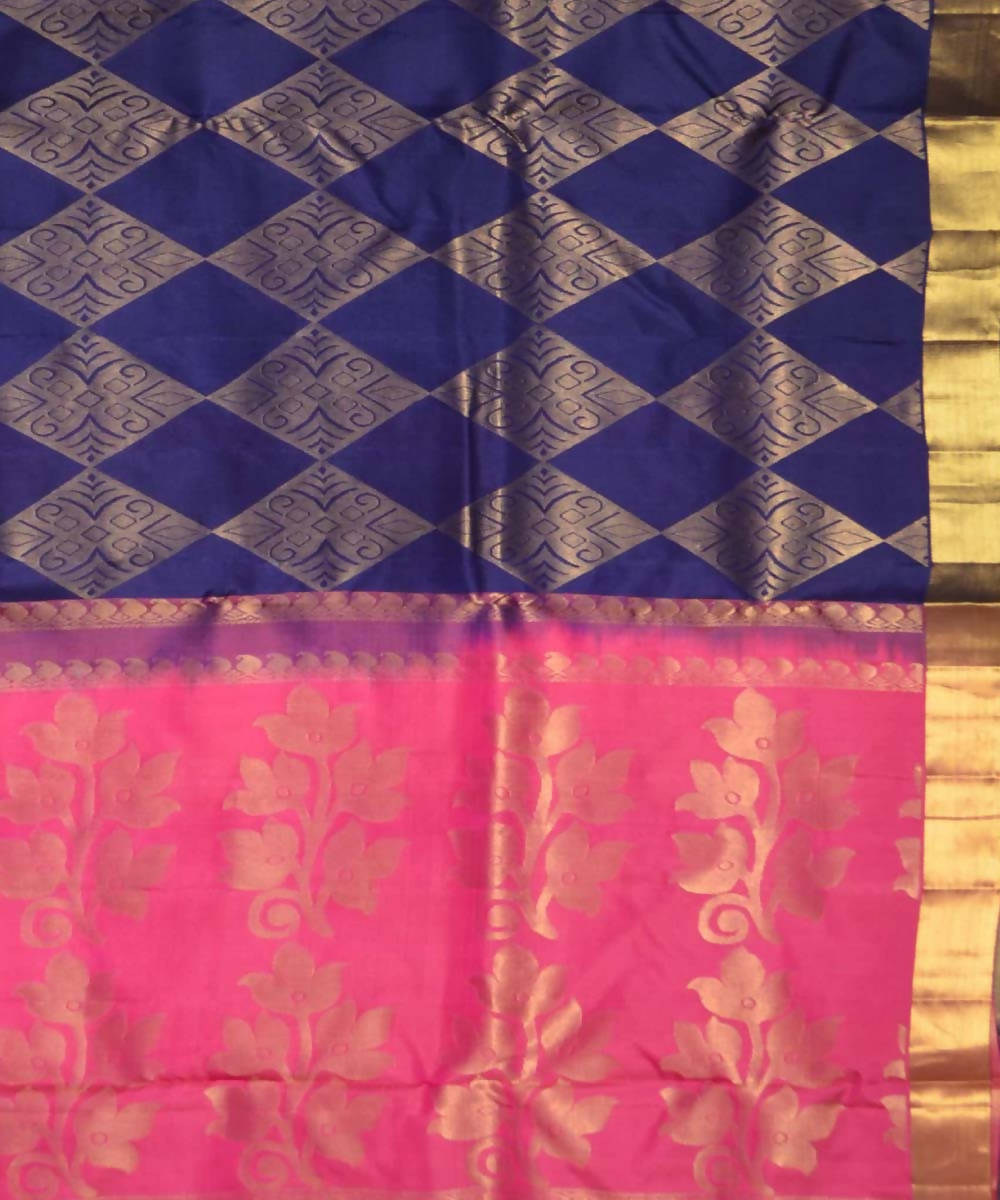 Navy Blue Pink Handloom Brocade Work Soft Silk Saree