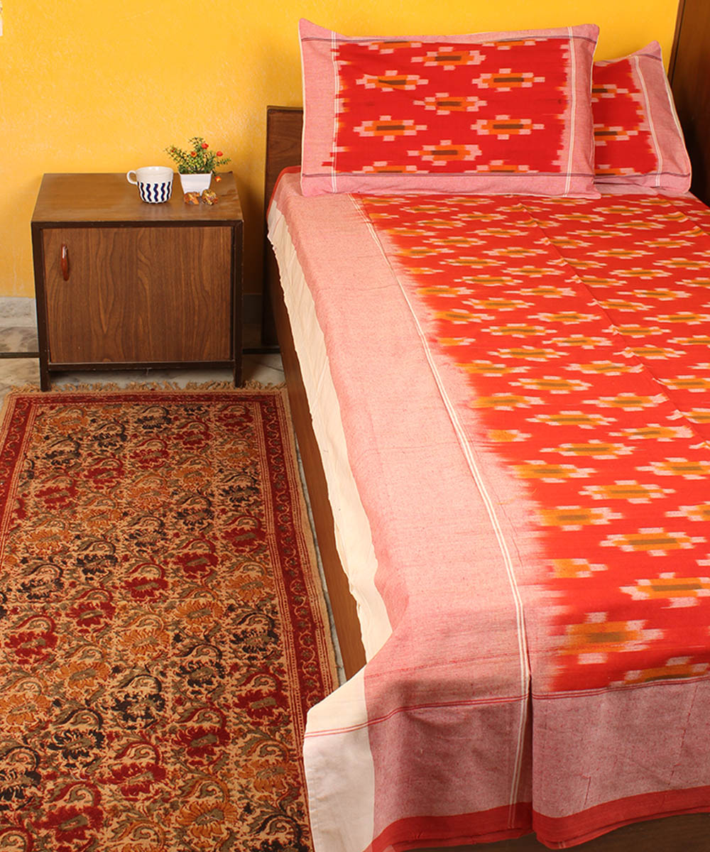 Red orange cotton handwoven pochampally ikat bedsheet