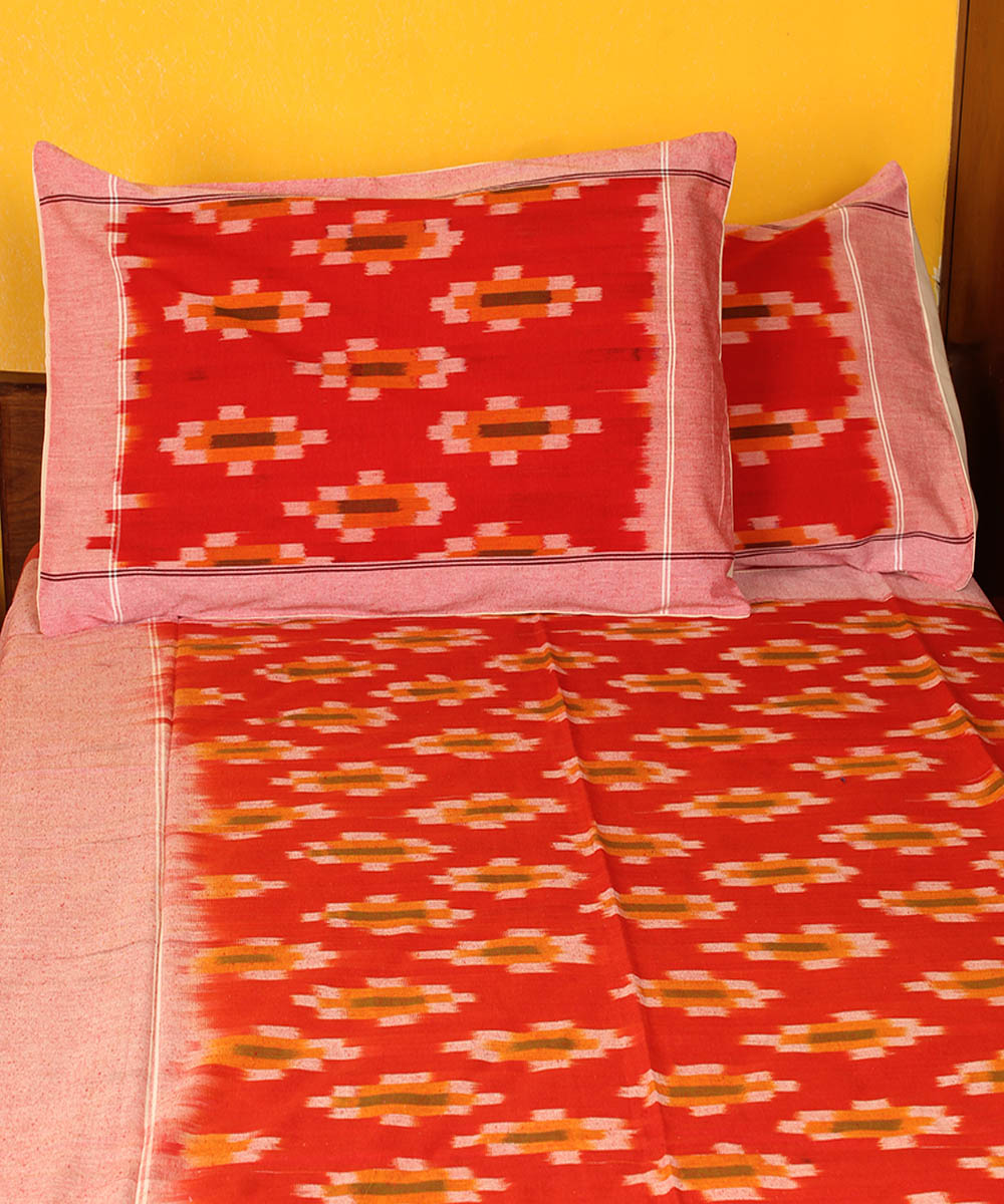 Red orange cotton handwoven pochampally ikat bedsheet