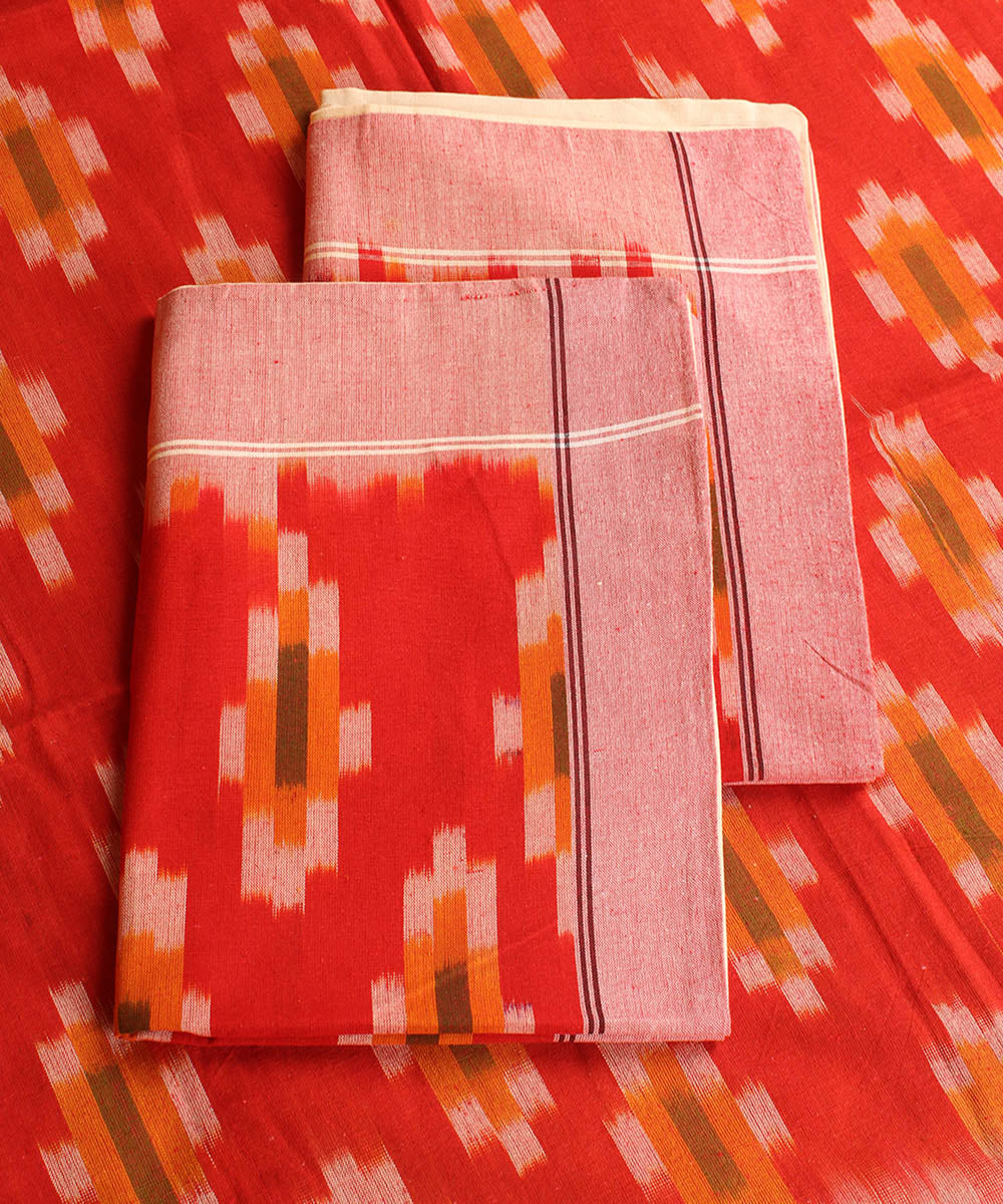 Red orange cotton handwoven pochampally ikat bedsheet