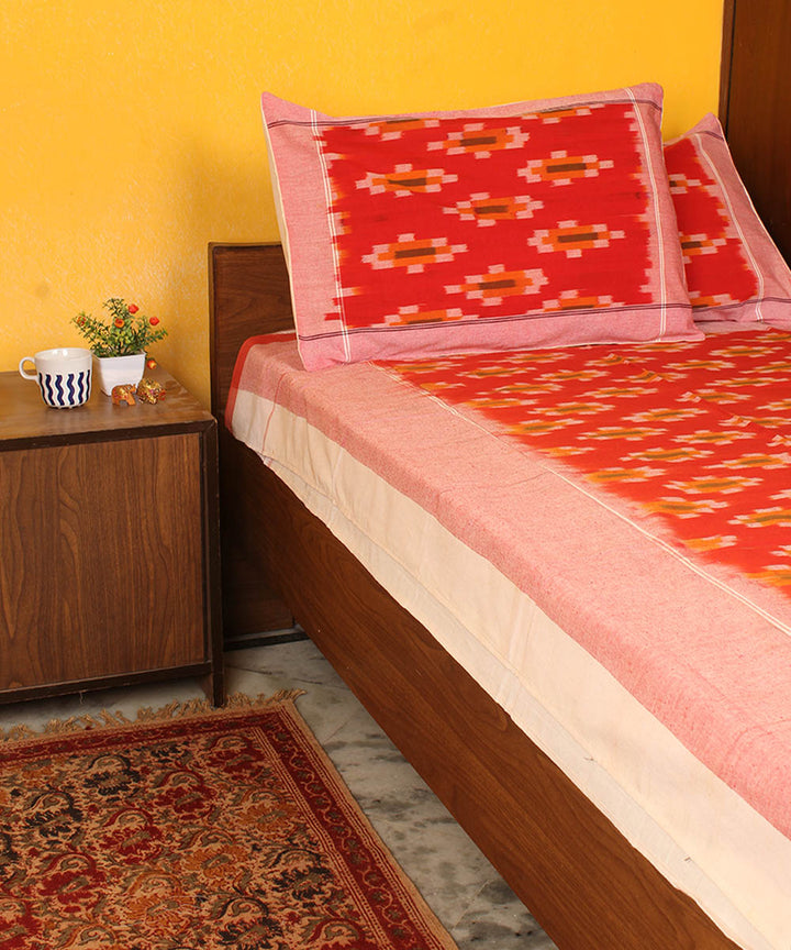 Red orange cotton handwoven pochampally ikat bedsheet