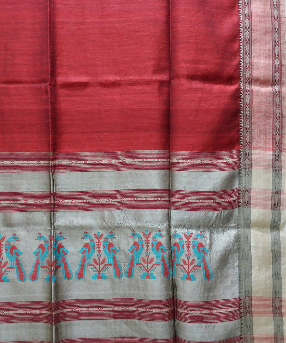 Handwoven bengal tussar silk dark red saree