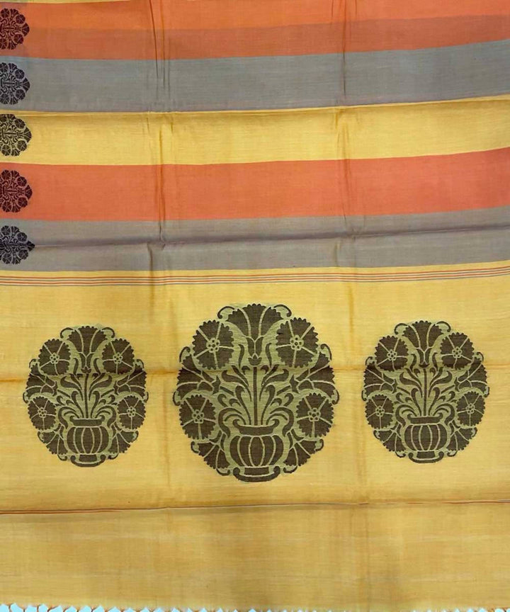 Yellow orange grey handwoven pain tussar silk saree