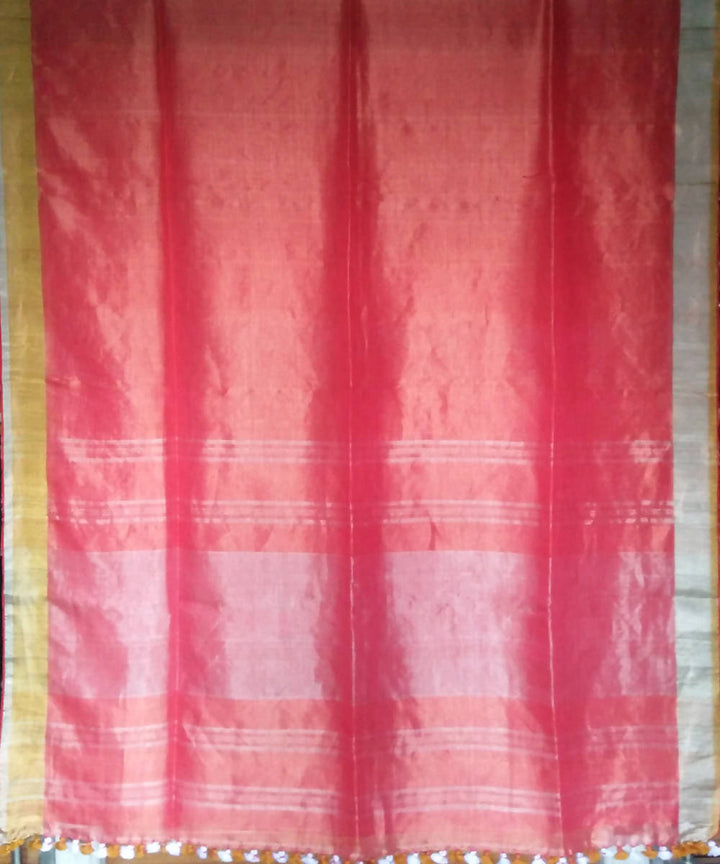 Peach pink and zari bengal handwoven linen saree