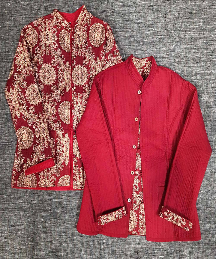 Red and maroon block printed reversible jacket with cotton quilting