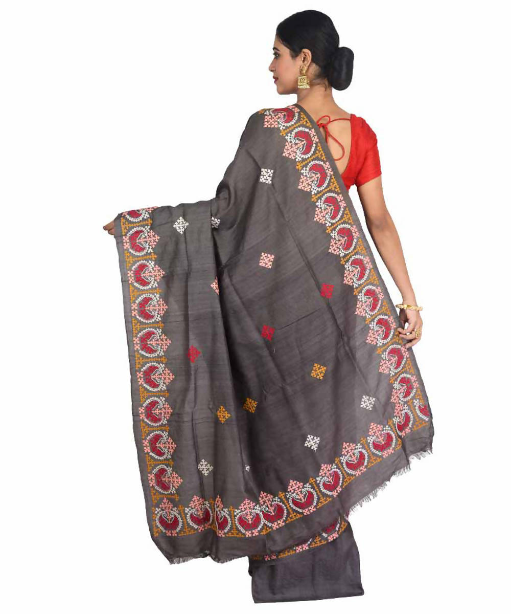 Black bengal hand embroidery tussar silk saree