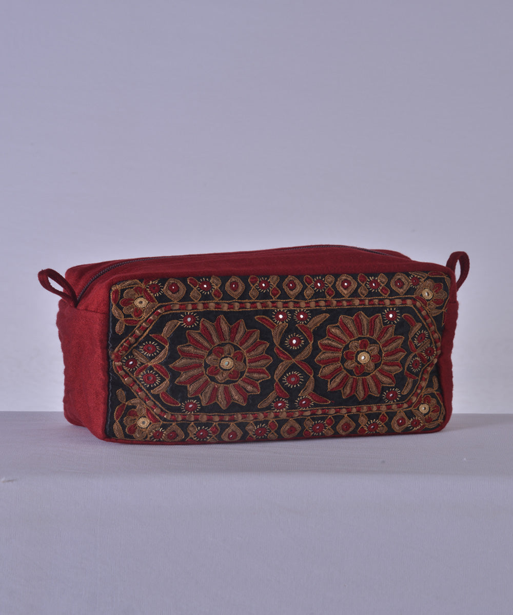 Maroon multicolor kutchy hand embroidery cotton travel pouch