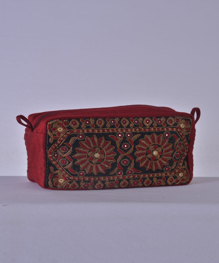 Maroon multicolor kutchy hand embroidery cotton travel pouch