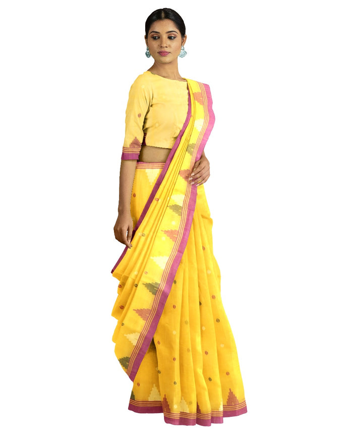 Tantuja yellow handloom cotton silk jamdani saree