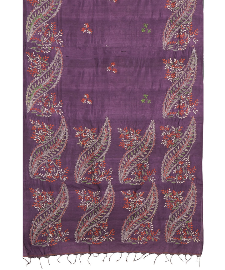 Tantuja violet handloom cotton hand embroidery kantha stitch saree