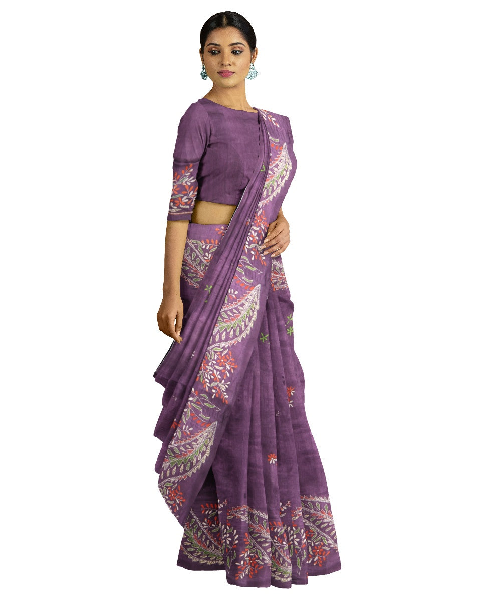 Tantuja violet handloom cotton hand embroidery kantha stitch saree