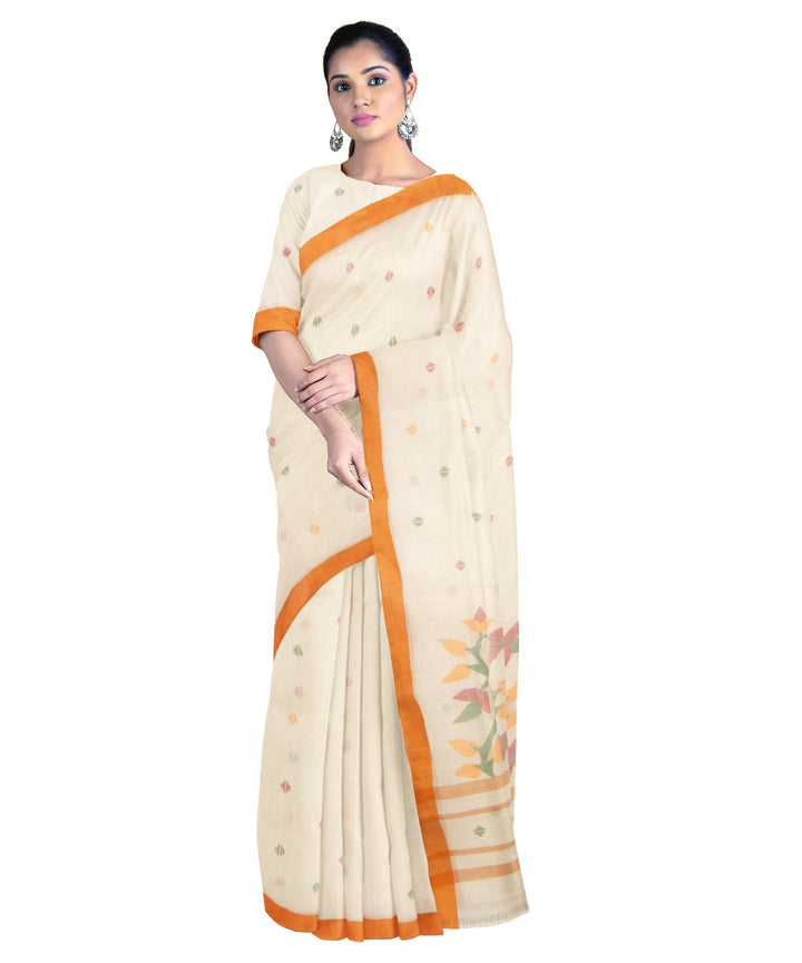 Tantuja beige white handloom cotton jamdani saree