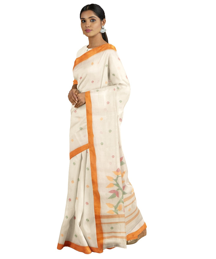 Tantuja beige white handloom cotton jamdani saree