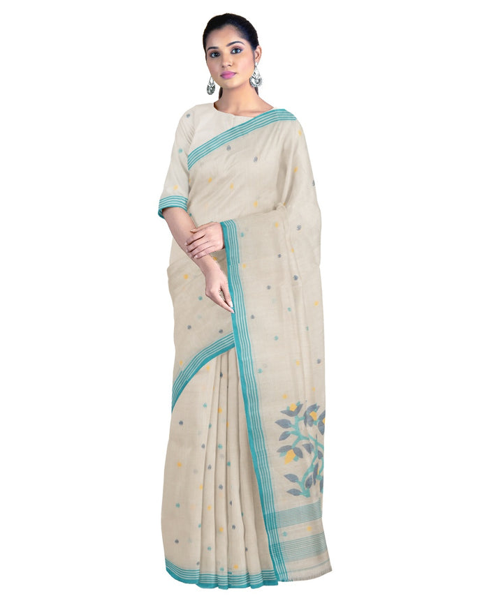 Tantuja beige and blue handloom cotton jamdani saree