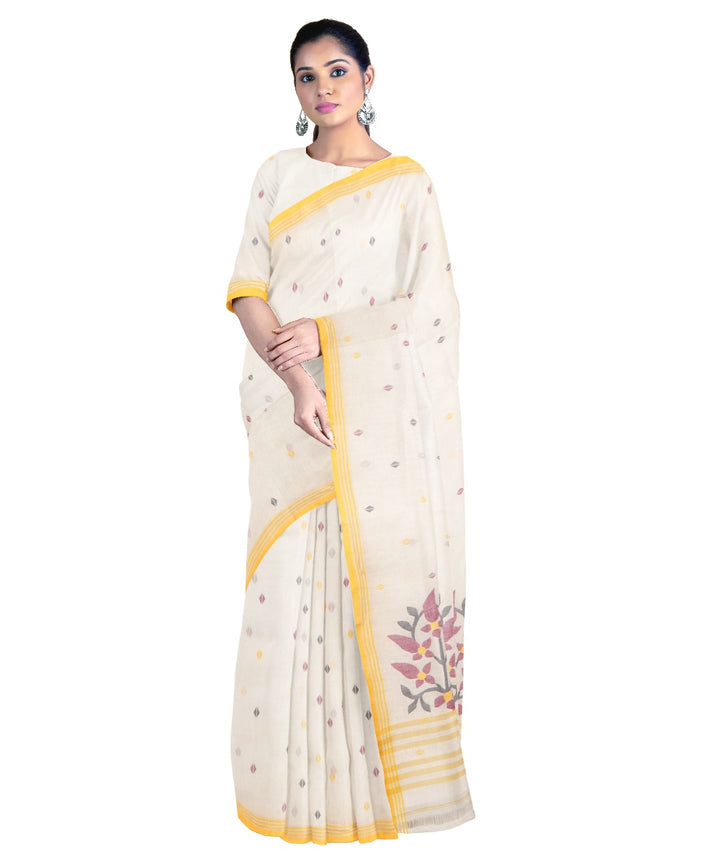 Tantuja beige and yellow handloom cotton jamdani saree
