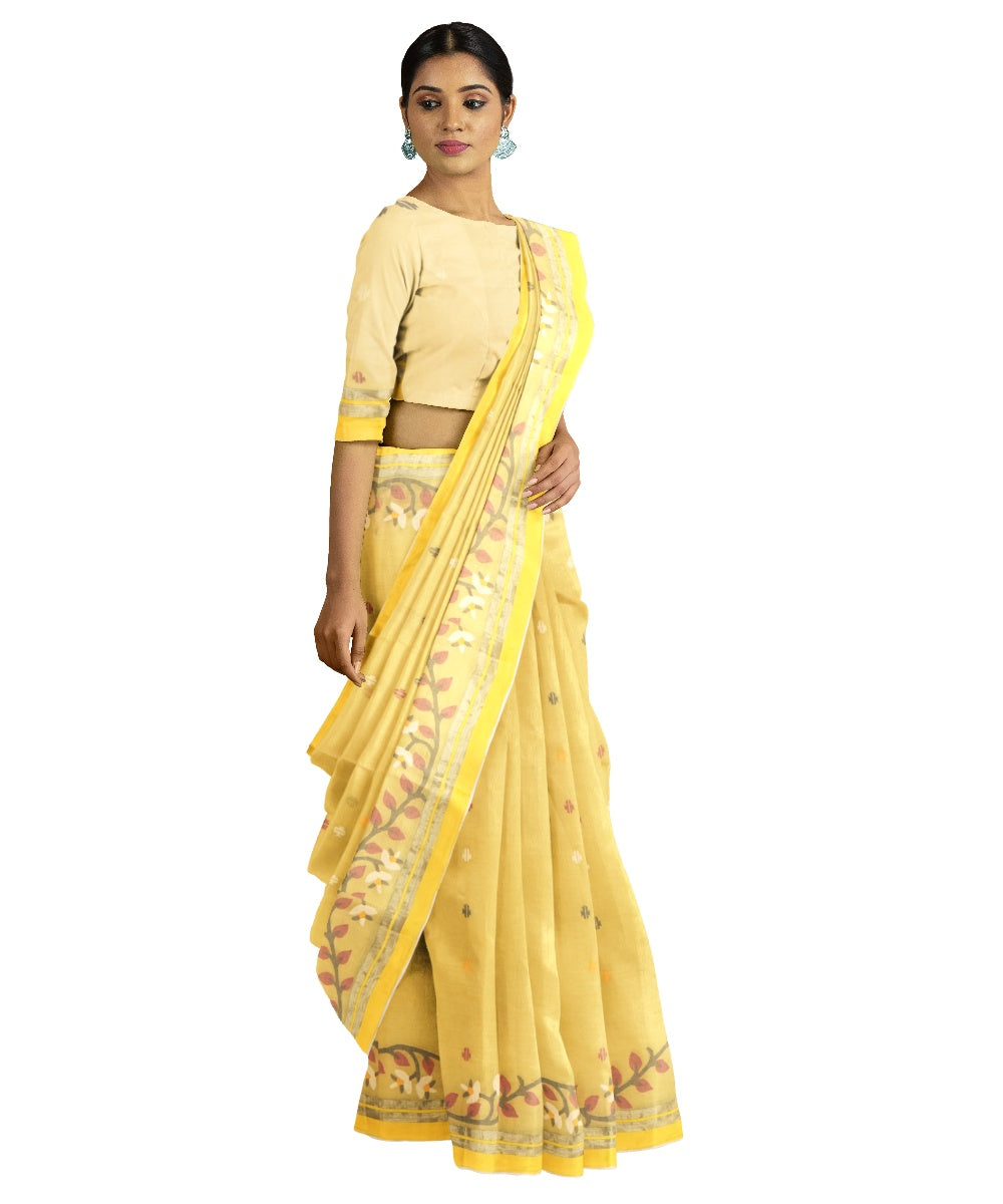 Tantuja mustard yellow handloom cotton jamdani saree