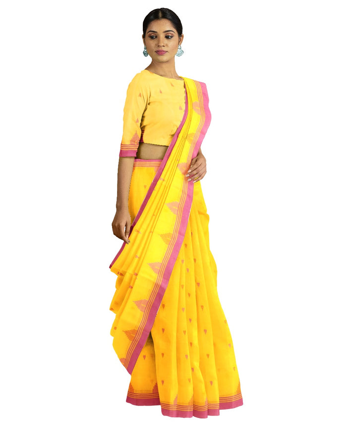 Tantuja yellow pink handloom cotton jamdani saree