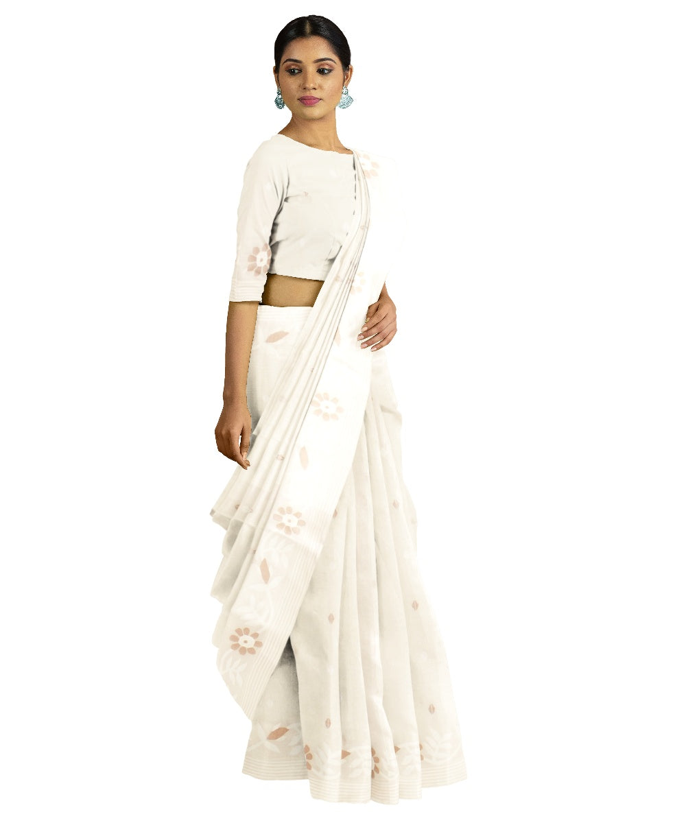 Tantuja beige white handwoven cotton jamdani saree