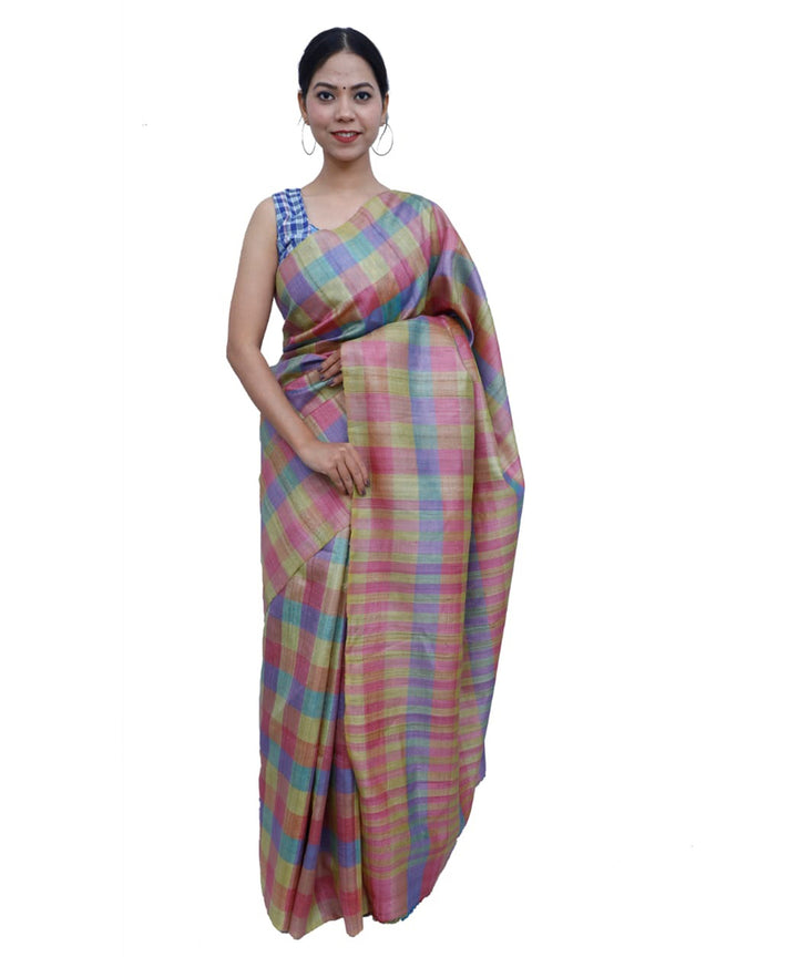 Multicolour checks handloom natural dye tussar silk saree