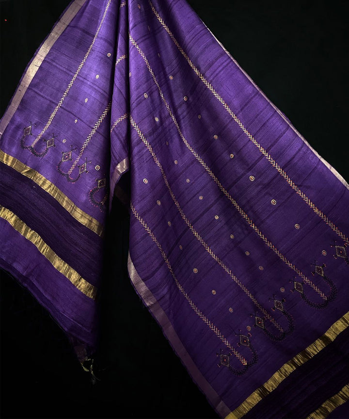 Purple handwoven hand painted godana art tussar silk stole