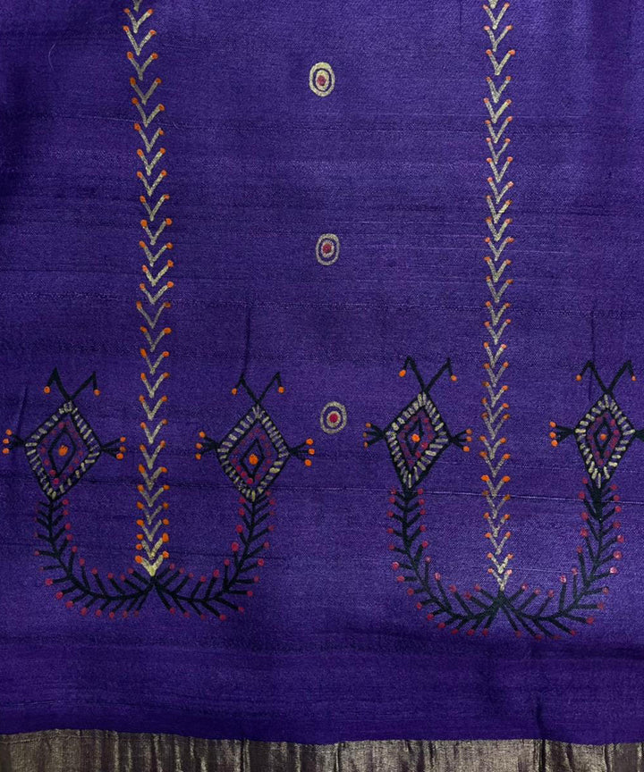 Purple handwoven hand painted godana art tussar silk stole