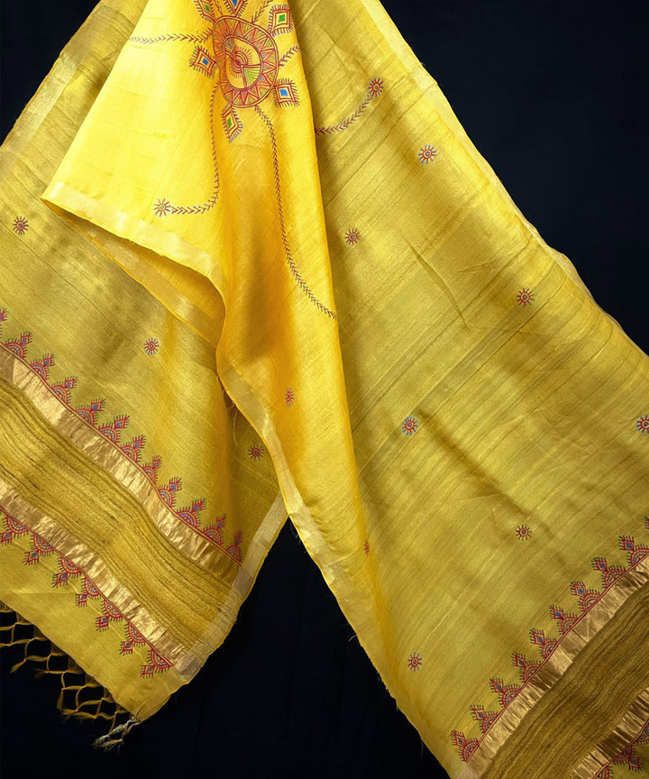 Yellow handwoven hand painted godana art tussar silk stole