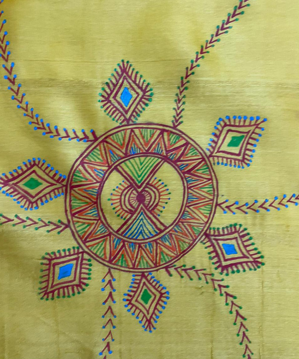 Yellow handwoven hand painted godana art tussar silk stole