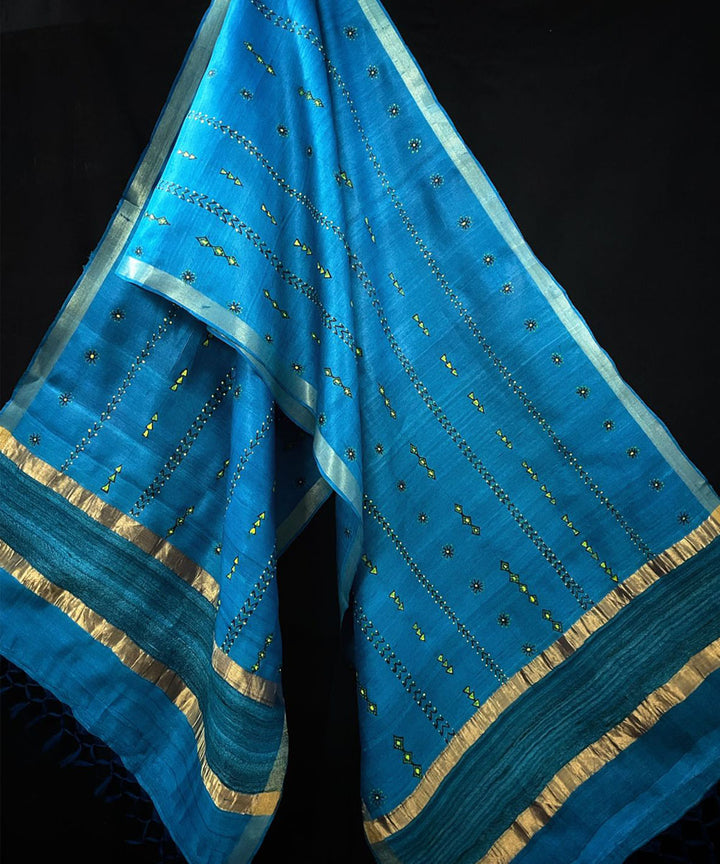 Turquoise handwoven hand painted godana art tussar silk stole