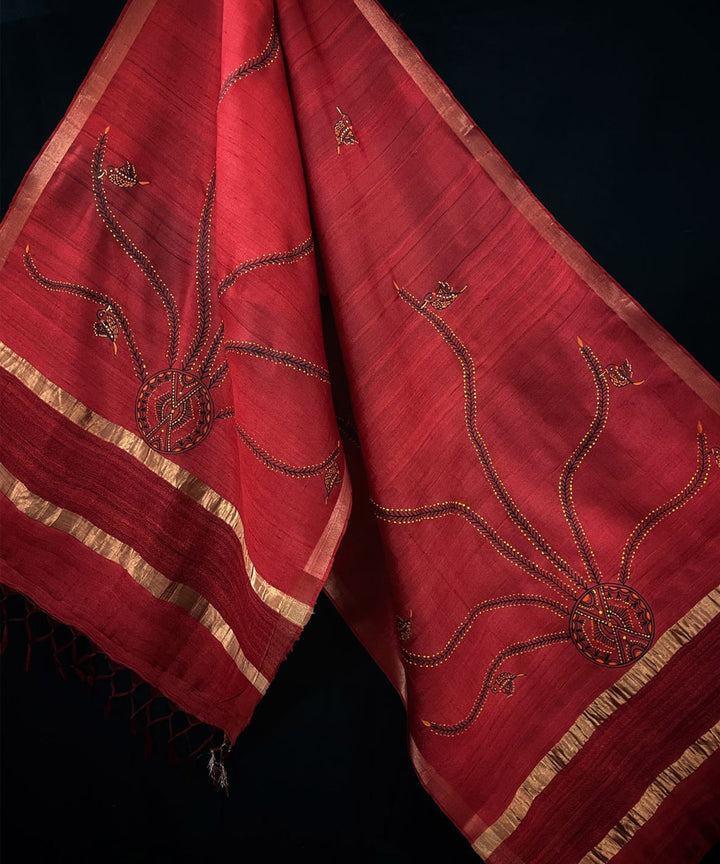 Red handwoven hand painted godana art tussar silk stole