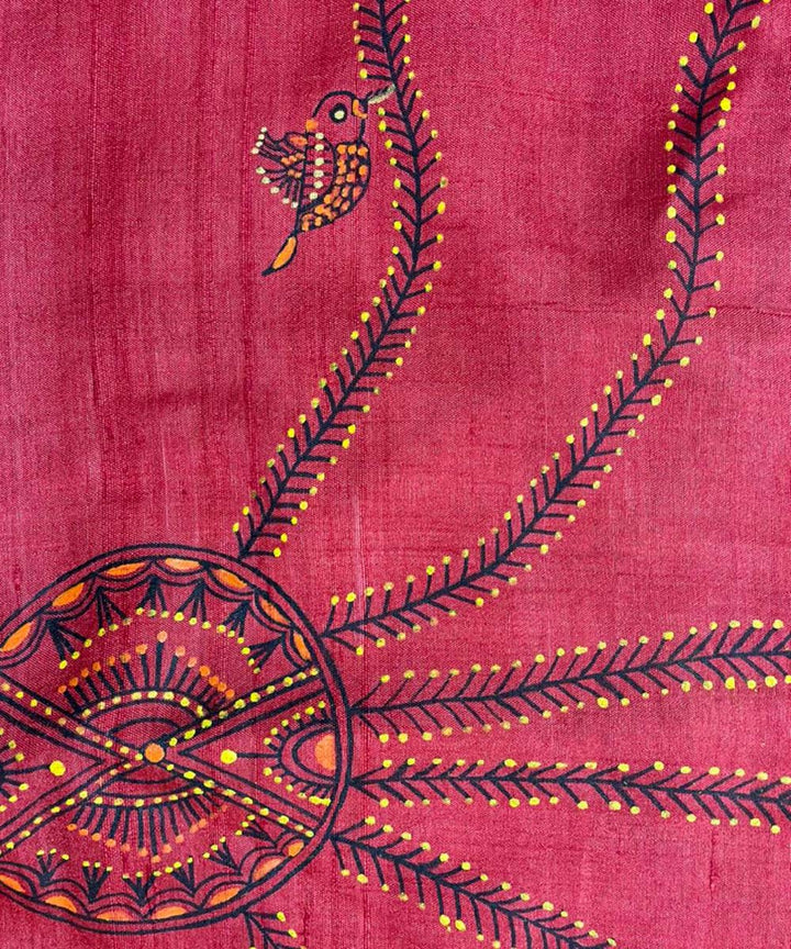 Red handwoven hand painted godana art tussar silk stole