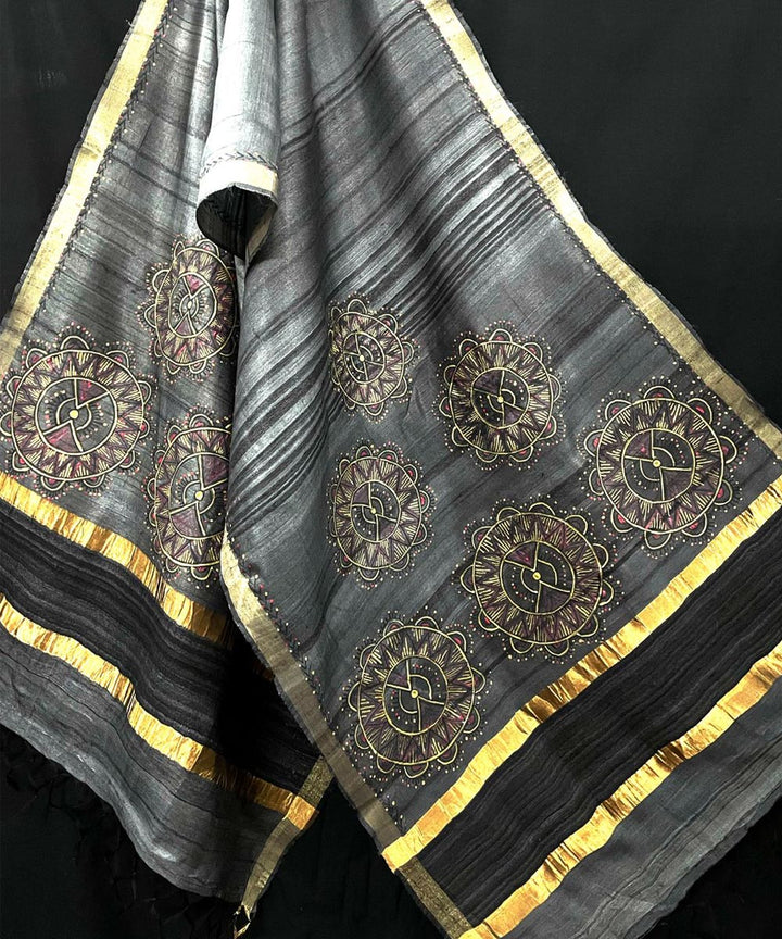 Grey handwoven hand painted godana art tussar silk stole