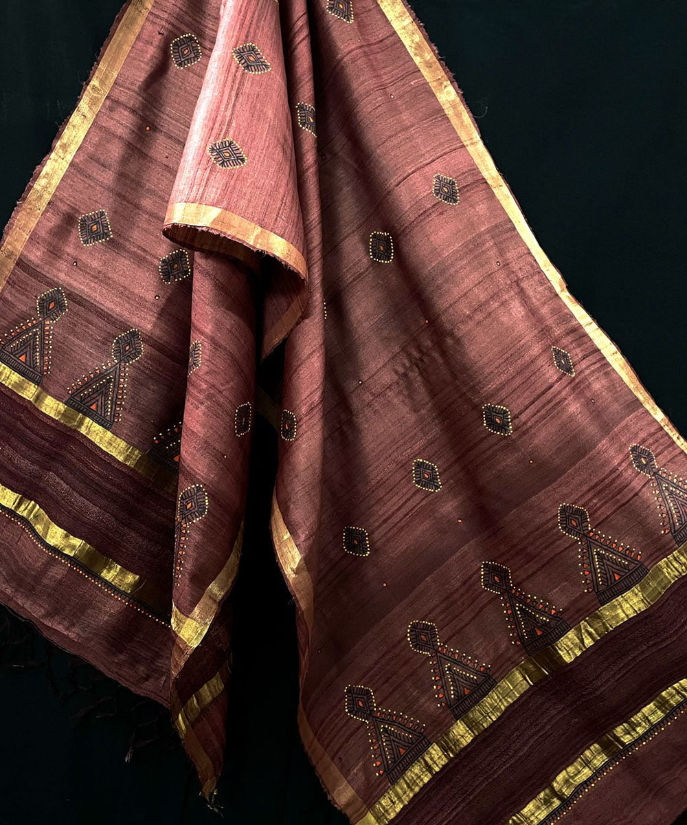 Black red handwoven hand painted godana art tussar silk stole