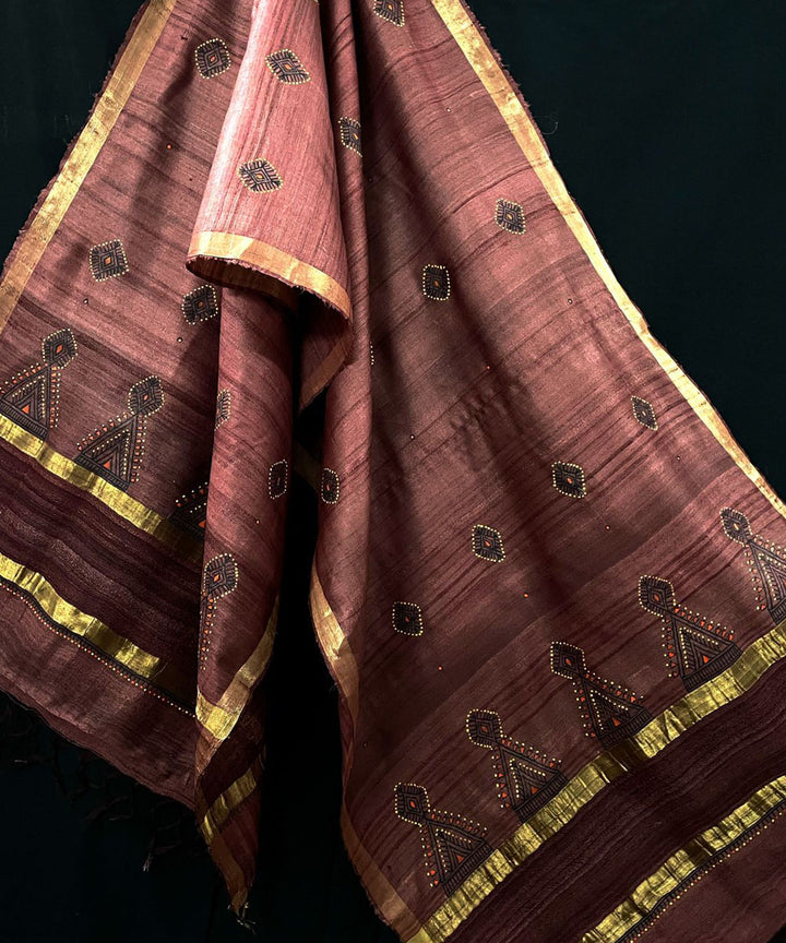 Black red handwoven hand painted godana art tussar silk stole