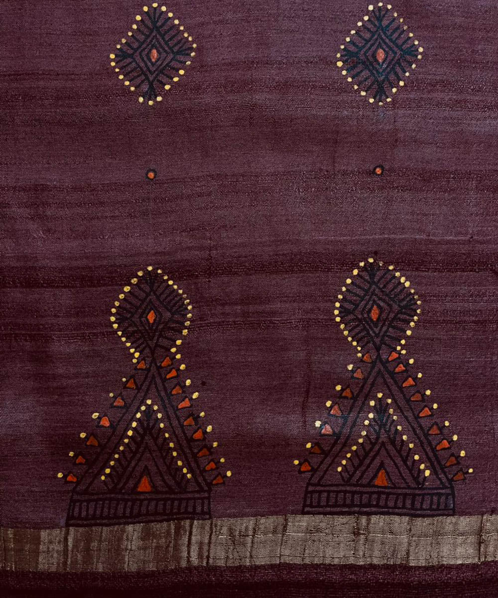Black red handwoven hand painted godana art tussar silk stole