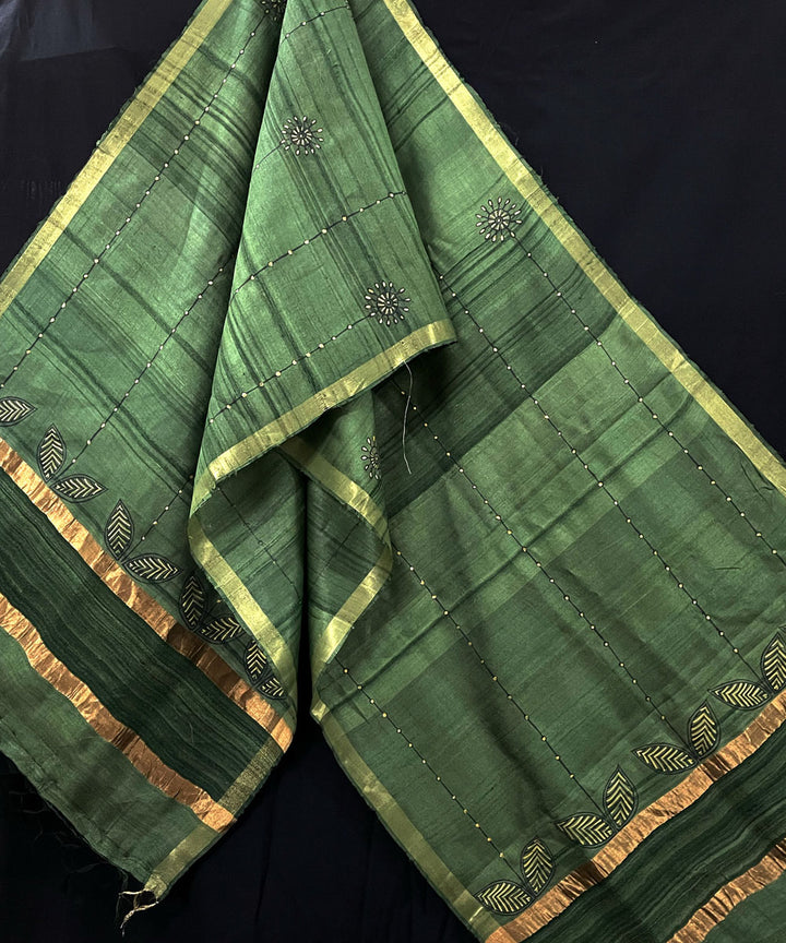 Olive green handwoven hand painted godana art tussar silk stole